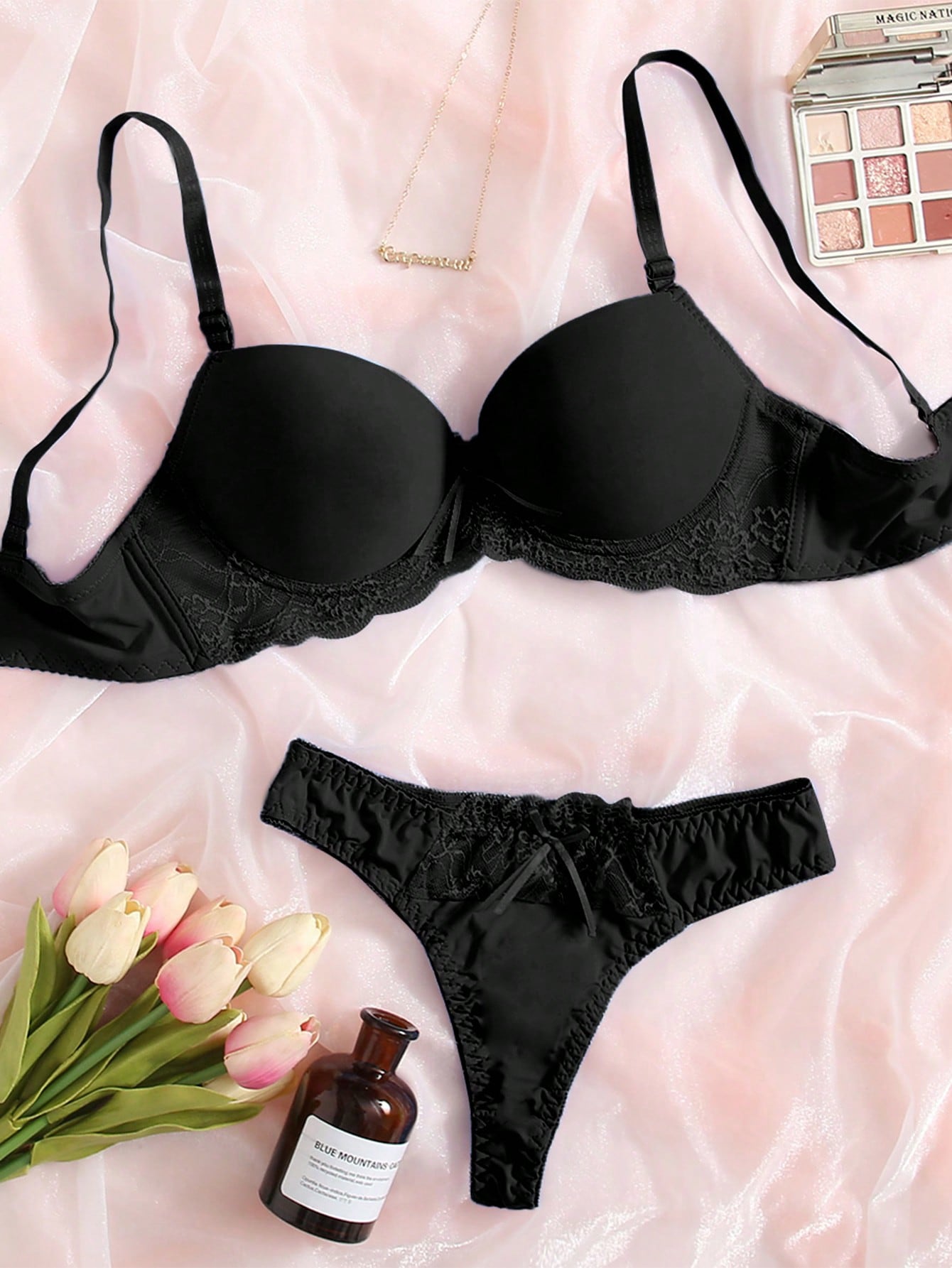Women's Bra & Pan sets Contrast Lace Super Push Up ty - Black