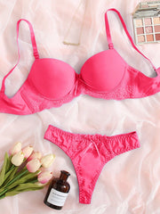 Women's Bra & Pan sets Contrast Lace Super Push Up ty - Hot Pink