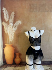 Women's Lingerie Set Halter Neck Chain Corser With Gloves & Gauze Skirt Lingerie Set