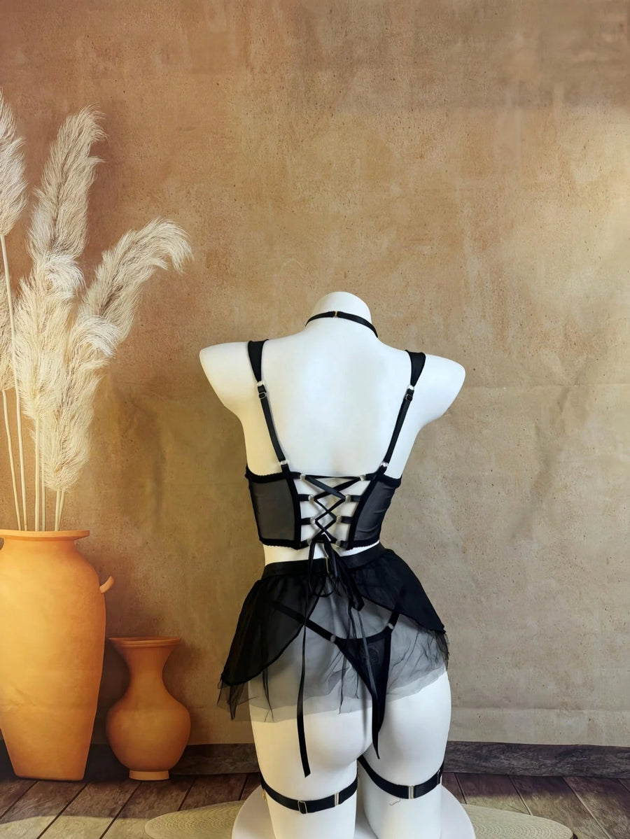Women's Lingerie Set Halter Neck Chain Corser With Gloves & Gauze Skirt Lingerie Set
