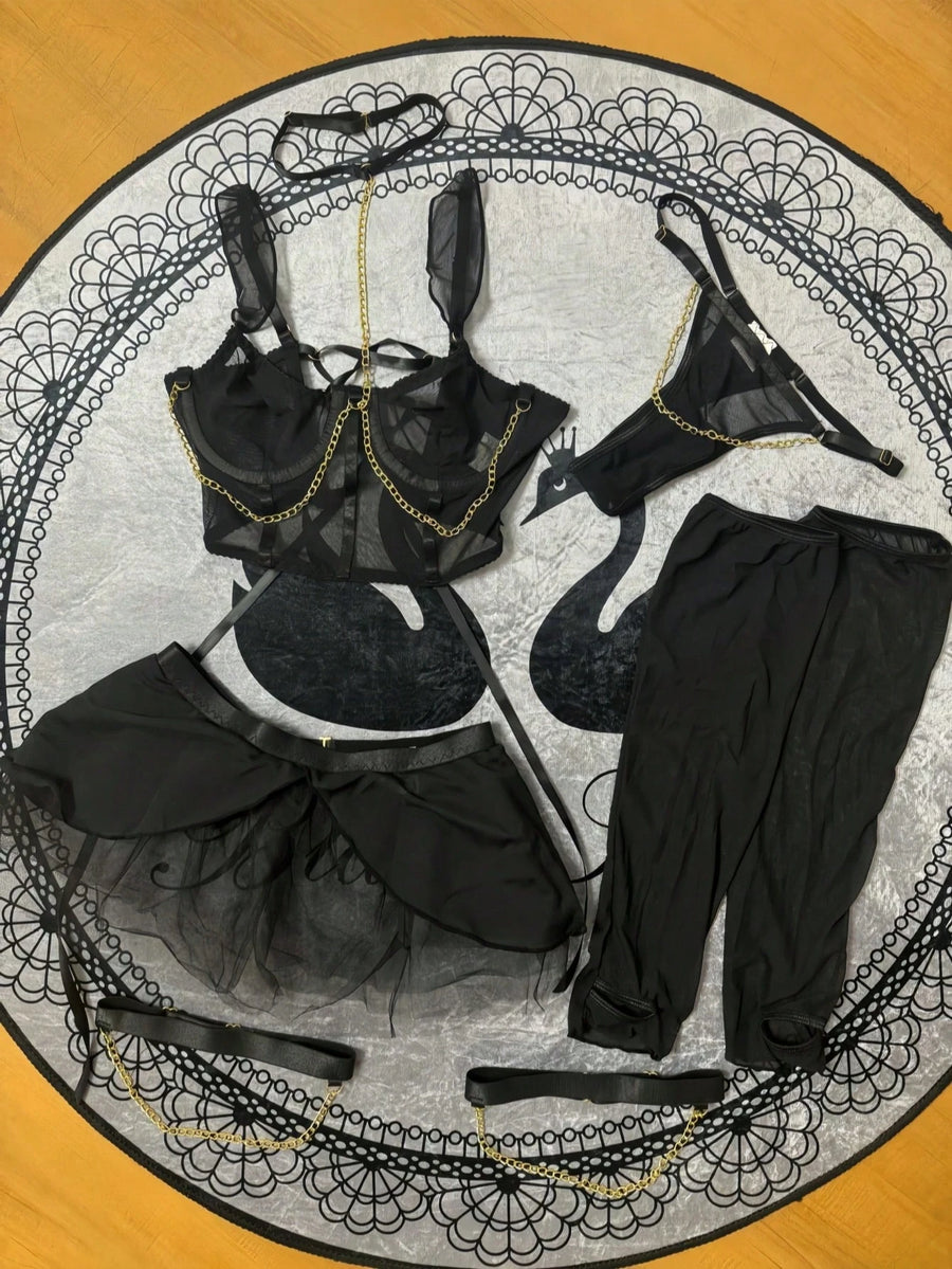 Women's Lingerie Set Halter Neck Chain Corser With Gloves & Gauze Skirt Lingerie Set