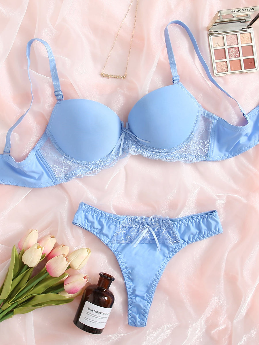Women's Bra & Pan sets Contrast Lace Super Push Up ty - Baby Blue