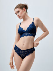 Women's Bra & panty Sets Romantic Elegant Floral Lace Wireless - Navy Blue